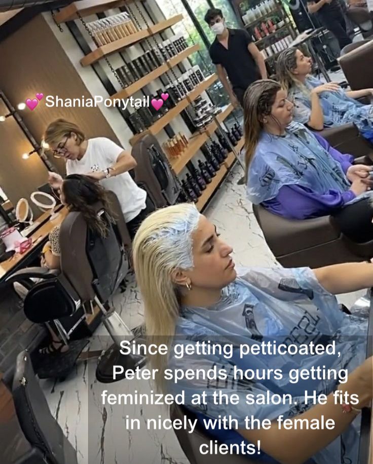 pampered petticoated sissy in hair salon
